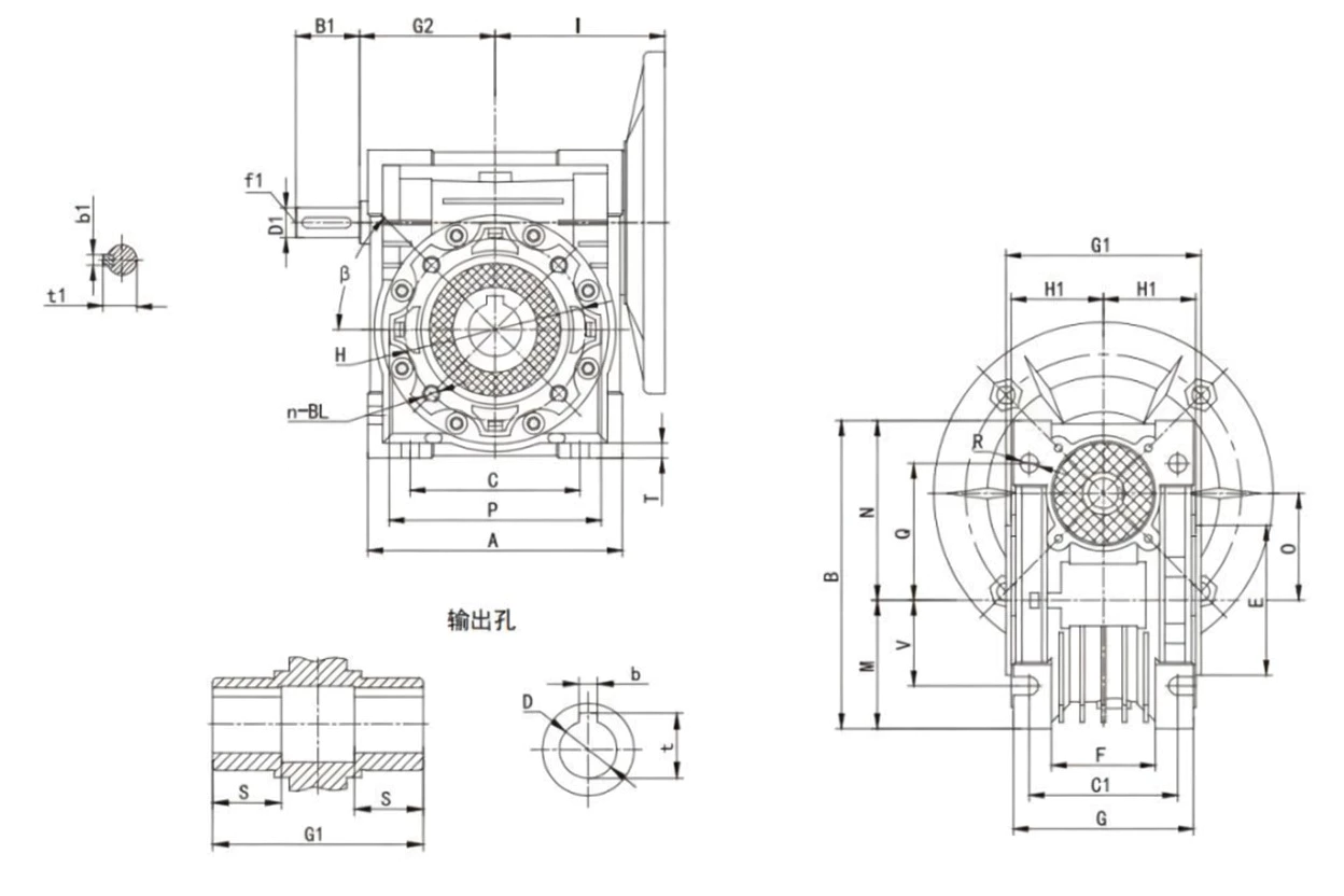 NMRV-E030 worm gearbox dimension drawing tail output shaft