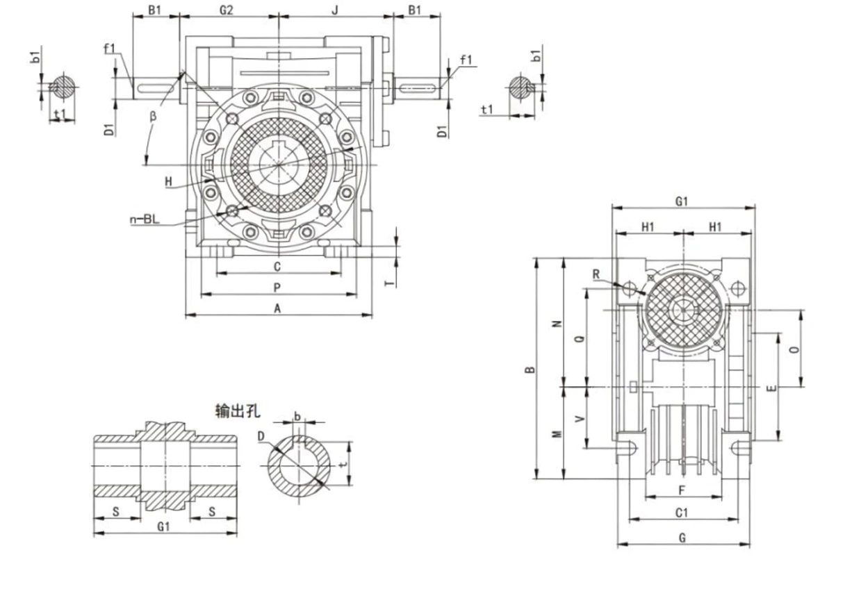 NRV-E090 worm gearbox dimension drawing shaft input tail output shaft